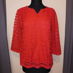 Alfred Dunner Petite Orange Lace Beaded V Neck 3/4 Sleeve Top Shirt Women's PL
